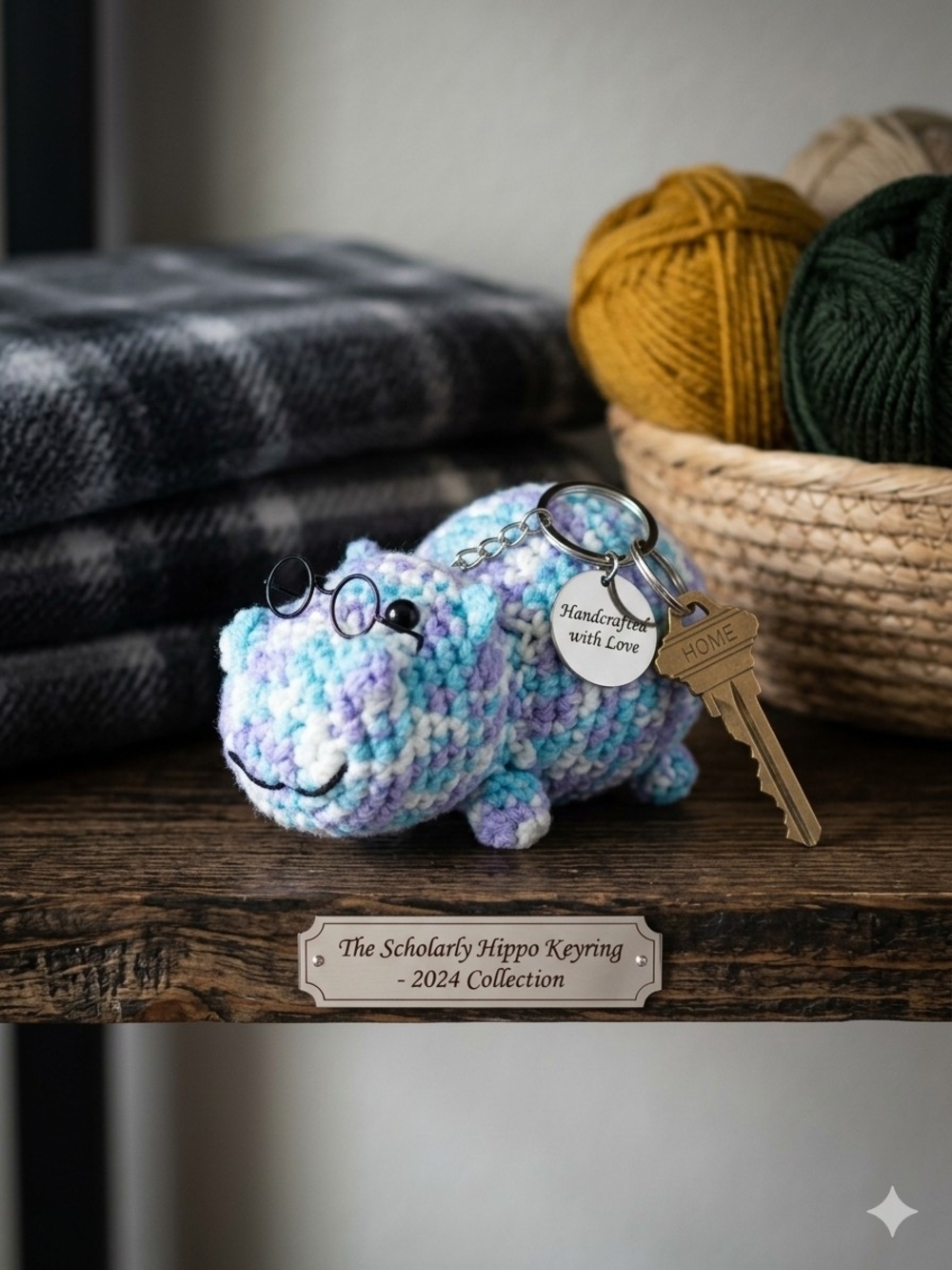 Handcrafted Scholarly Hippo Keyring - Pastel Blue & Lavender